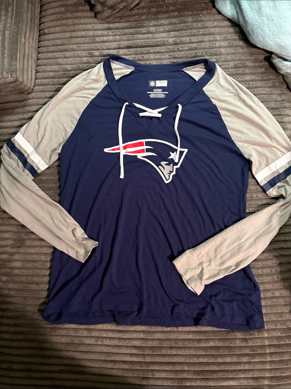 NFL Navy Blue and Gray Lace-Up Raglan Long Sleeve Top